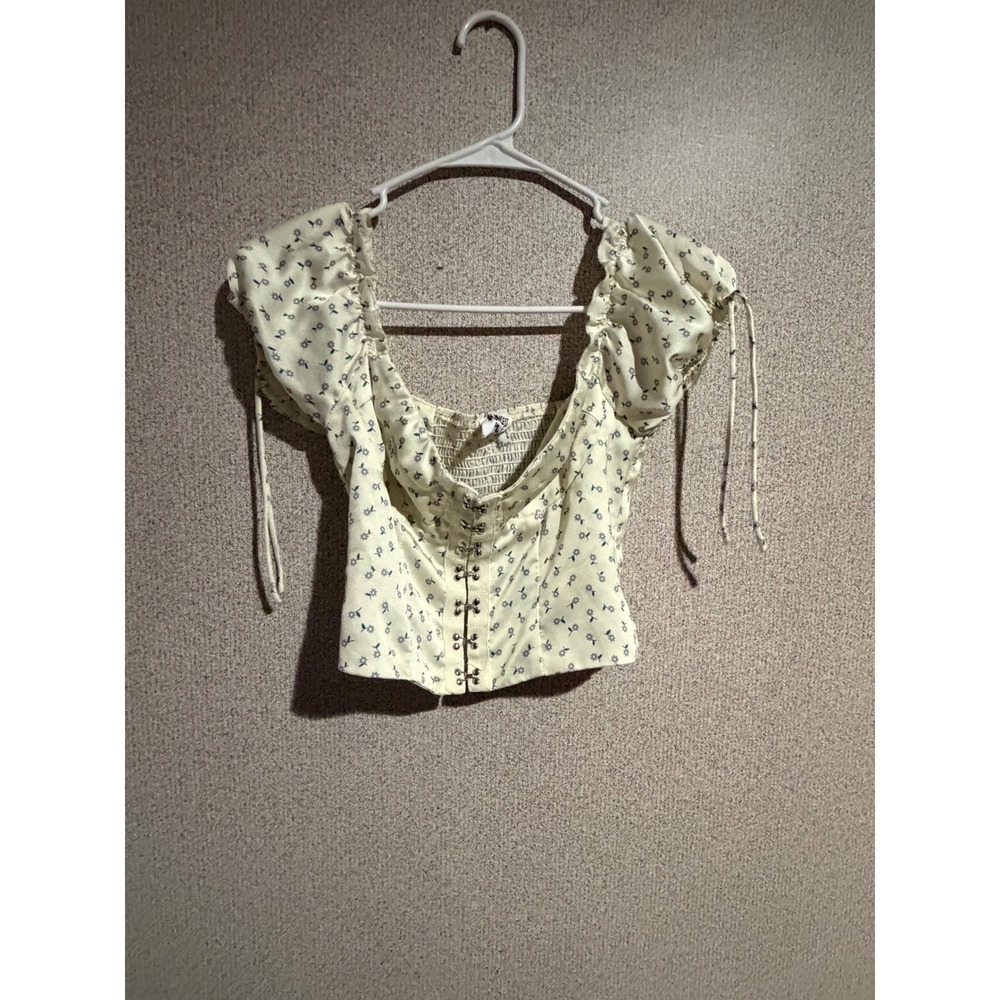 Princess Polly Floral Milkmaid Crop Top Cream Purple Hook Eye Corset Blouse Sz 2